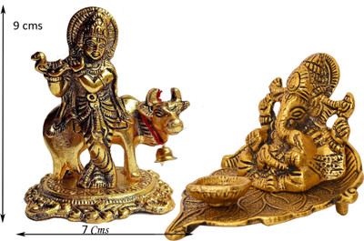Etsi Bitsi Gold Plated Deepak Ganesha on leaf & Small Cow Krishna Combo Decorative Showpiece  -  10 cm(Metal, Gold)