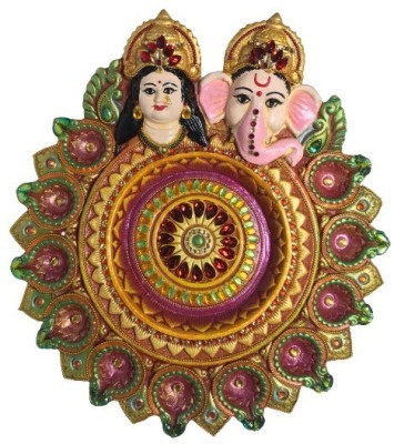 SMC home Decor Terracotta clay Decorated Thali with Ganesh Laxmi Idol with 9 Diya Festive Decor Decorative Showpiece  -  28 cm(Clay, Terracotta, Multicolor)