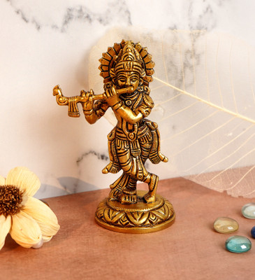 Shreeyash lord krishna brass statue Spiritual Diwali Puja Vastu Showpiece Figurine Decorative Showpiece  -  14 cm(Brass, Gold)