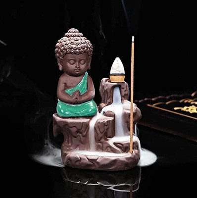 Meditating Monk Buddha Smoke Fountain Incense Holder Free 10 Smoke Backflow 8 cm Handicraft & Artifact Showpiece(Polyresin, Green)