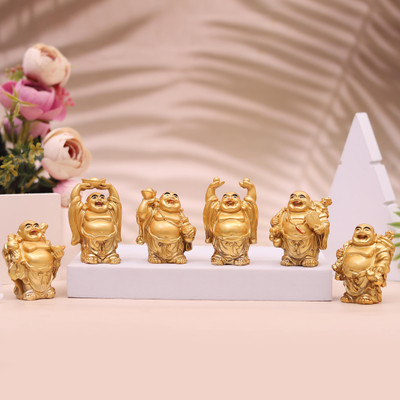 sculpmart sculpmart Polyresin Laughing Buddha Figurines Happy Buddha Statue Set of 6 Decorative Showpiece  -  5 cm(Polyresin, Gold)