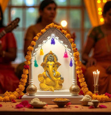 Littykart Ganesha for Home decor, Gifting Car Dashboard Decorative Showpiece  -  9 cm(Polyresin, Gold)