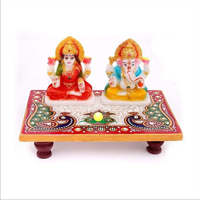 ANSH OUTLET Marble Chowki Lakshmi Ganesh Ji Murti Statue For Diwali Gift I Car Dashboard Decorative Showpiece  -  15 cm(Marble, Multicolor)