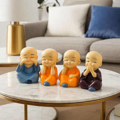 SR JAANVI COLLECTION Cute Little Baby Monk Buddha Set of 4 Decorative Showpiece  -  5 cm(Resin, Multicolor)