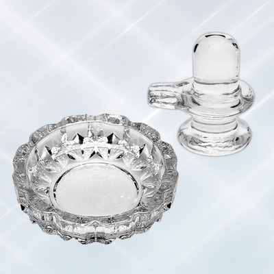 EliteTouch Natural & Original Crystal/Sphatik Shiva Lingam/Shivling with plate For Puja Decorative Showpiece  -  10 cm(Crystal, Clear)