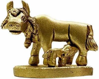 NESTALNOCK Brass Cow with Calf Idol | Kamdhenu Statue for Pooja Room, Temple & Home Decor Decorative Showpiece  -  6 cm(Brass, Gold)
