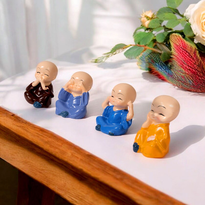 Need Goods Baby Monk Buddha 4 Set Little Mini Laughing Statue Decorative Showpiece  -  4 cm(Resin, Multicolor)