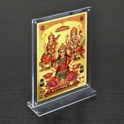 HAWAI Gold Plated Ganesh Laxmi Saraswati Photo with Acrylic Frame(8x5.8 in) Religious Frame