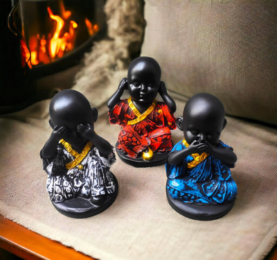 Pooja Creation Buddha Monk set for Decor, Feng Shui Good Luck Figurines Unique Set of 3pc Decorative Showpiece  -  10 cm(Polyresin, Black)