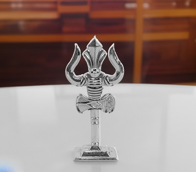 Adhvik Silver Mahadev Trishul With Damaru Double Side God Stand for Car Dashboard Decorative Showpiece  -  7 cm(Metal, Silver)