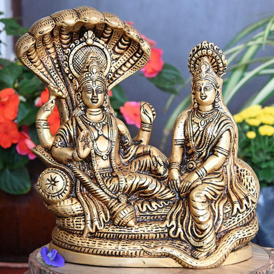 EliteTouch laxmi vishnu idol, Lakshmi Vishnu Ji , Gold, Standard,Brass Lord Laxmi,Vishnu Decorative Showpiece  -  12 cm(Metal, Yellow)