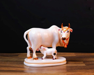 Artyog Calf Statue - Marble Dust Mother Cow with Baby Calf Kamdhenu Idol Decorative Showpiece  -  10.2 cm(Resin, Gold)