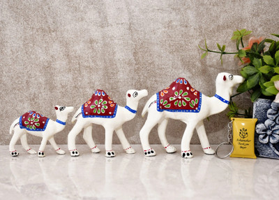 Ashamohar Beautiful Handcrafted Print Big Camel Set Showpiece for Home Items and Gift, Decorative Showpiece  -  12 cm(Paper Mache, White, Red)