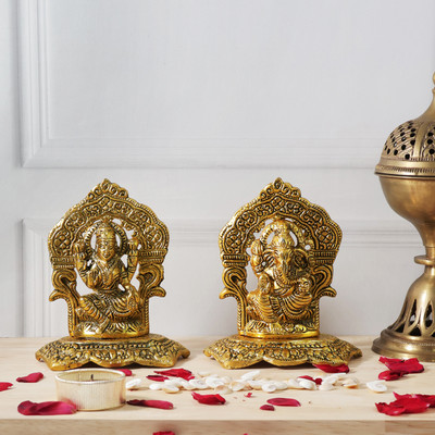 9dzine Metal Ganesh Laxmi Murti Statue Brass Lakshmi Ganesh Idol for Diwali Puja Mandir Decorative Showpiece  -  14 cm(Metal, Gold)