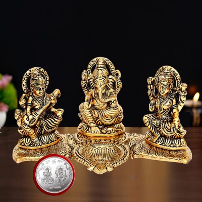 Kitlyn Laxmi Ganesh Saraswati Metal Idol Murti Statue Showpiece With Diya (Puja Coin) Decorative Showpiece  -  9.5 cm(Metal, Gold)