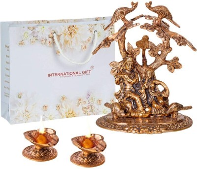 INTERNATIONAL GIFT Brown Radha Krishna Idol Tree With 2 Diya | Box & Bag | For Pooja, Mandir Decorative Showpiece  -  14 cm(Brass, Copper)