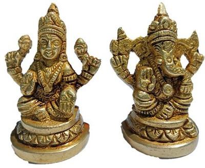 Shakuntlam Laxmi Ganesh in brass with Antique Decorative Showpiece  -  5 cm(Brass, Green, Gold, Dark Green)