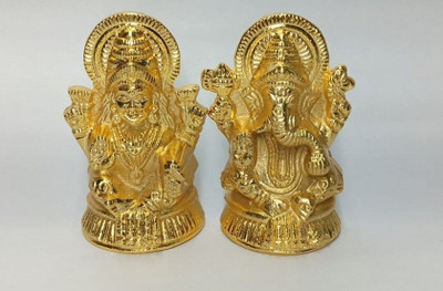 hb traders Lakshmi Ganesh / GOLD Decorative Showpiece  -  11 cm(Aluminium, Gold)