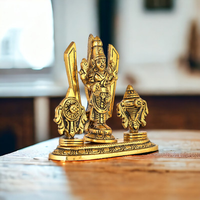 KridayKraft Tirupati Balaji Venkateswara Swami with Shank chakar Tilak Namah Decorative Showpiece  -  11 cm(Aluminium, Gold)
