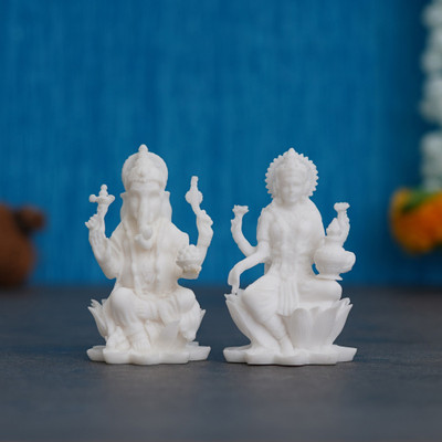 eCraftIndia eCraftIndia White Polyresin Lord Ganesha & Goddess Laxmi Statue Decorative Showpiece  -  8 cm(Polyresin, White)