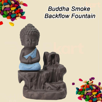 hbkart Meditating Monk Buddha Smoke Backflow incense burner with 10 cones Decorative Showpiece  -  10 cm(Polyresin, Blue)