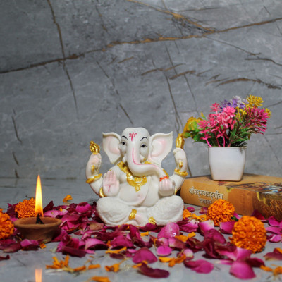 NIVASA Lord Ganesha Polyresin Idol with Marble Finish for Car & Home Decor Decorative Showpiece  -  10.5 cm(Resin, White, Gold)