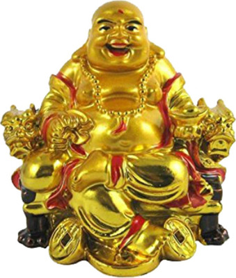 Saubhagya Global On Chair With Ingot And Money Coin Laughing Buddha For Health, Wealth & Prosperity Decorative Showpiece  -  8 cm(Polyresin, Gold)