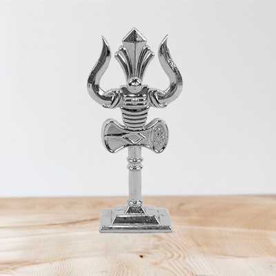 Stylewell Metal Shiv/Mahadev Trishul/Trident with Damaru Double Side God Stand for Gifting Decorative Showpiece  -  7 cm(Metal, Silver)