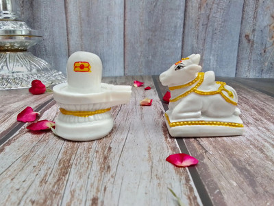 shinde exports shivling with nandi for home puja Decorative Showpiece  -  6 cm(Marble, White, Gold)