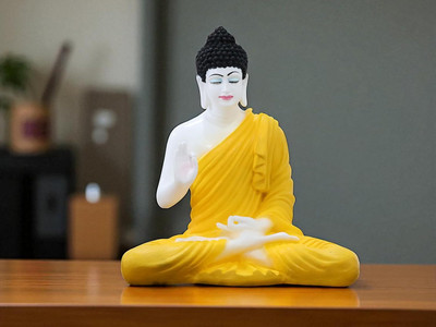 KridayKraft Glossy Ceramic Buddha Statue for Home Decor | Yellow Decorative Showpiece  -  35 cm(Resin, Yellow)