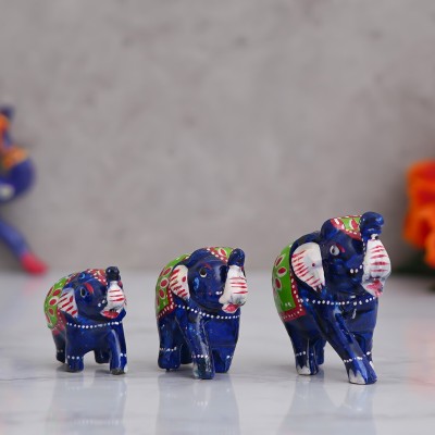 eCraftIndia Set of 3 Decorative Elephant Showpiece Animal Figurines- Multicolor Decorative Showpiece  -  4.5 cm(Paper Mache, Blue)