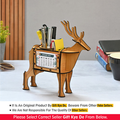 GIFT KYA DE 1 Compartments Wooden Deer Showpiece & Desk Organizer With Desk Calendar And Table Clock (Bamboo)(Brown)