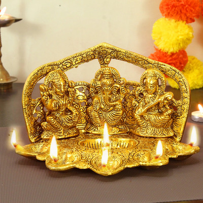 TIED RIBBONS Lakshmi Ganesh Saraswati Idol - Diwali Decoration Item and Diwali Gifts Decorative Showpiece  -  12.7 cm(Polyresin, Gold)