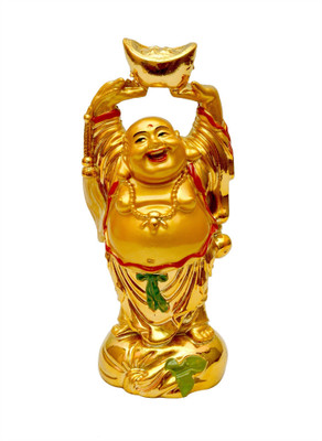 Feng Shui Art Vastu / Laughing Buddha With Money Ingot For Health , Wealth And Good Luck Decorative Showpiece  -  11 cm(Polyresin, Gold)
