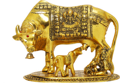 SMILES GIFT Gold Plated Kamdhenu Cow, Calf With Krishna Idol | Box & Bag | For Vastu Decorative Showpiece  -  18 cm(Metal, Gold)