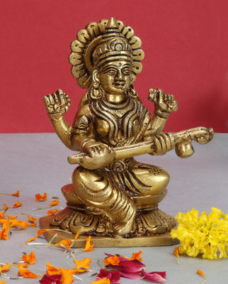 utsavicraft Traditional Divine Goddess Saraswati Mata Seated Statue Decorative Showpiece  -  10 cm(Brass, Gold)