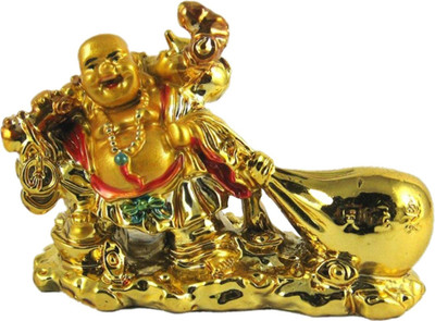 Saubhagya Global Dragging Money Bag Laughing Buddha for Health, Wealth & Prosperity Decorative Showpiece  -  5.5 cm(Polyresin, Gold)