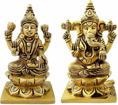 Om Pooja Shop Goddess MahaLaxmi & Lord Ganesh Brass Sculpture Idol set Decorative Showpiece  -  10.795 cm(Brass, Gold)