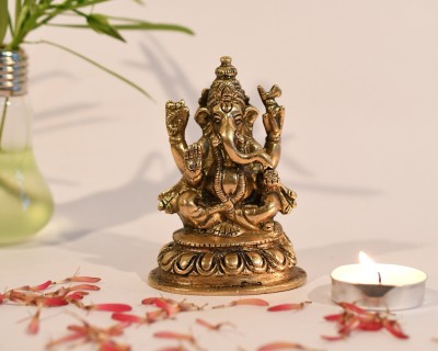 Collectible India Lord Ganesha Brass Statue Hindu God Ganesh Ganpati Sitting Idol Sculpture Good Luck & Success(Size: 4 Inches) Decorative Showpiece  -  10.16 cm(Brass, Gold)