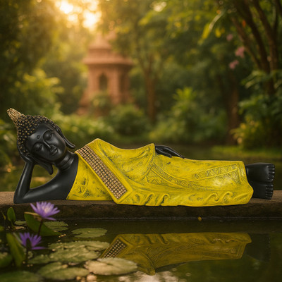 Miss Peach Meditation Reclining Buddha Showpiece for Home Decor Gift Items living room Decorative Showpiece  -  11 cm(Polyresin, Yellow)