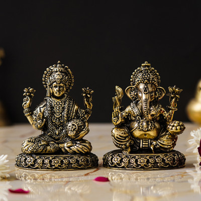 shyam antique creation Ganesh Maa Laxmi Sitting Murti Lakshmi Ganesha Idol Statue For Home Diwali Pooja Decorative Showpiece  -  9.779 cm(Brass, Gold)