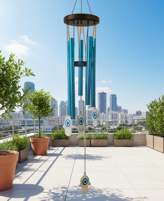 GIFT VIBE EVIL EYE HANGING HUMSA WINDCHIME WALL HANGING HOME DECOR NAZAR BATTU SHOWPIECE Decorative Showpiece  -  18 cm(Metal, Silver)