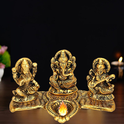 NOKTUS Metal Laxmi Ganesh Saraswati Murti Brass Table Diya(Height: 4 inch)