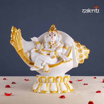sacred needs Sacred Needs Shankh Ganesha Idol in Marble Dust – 9 Inch (22.9 cm) Height Decorative Showpiece  -  22.9 cm(Marble, White)