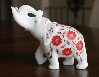 Pooja Creation White Marble inlay elephants pair 5 inch Decorative Showpiece  -  12 cm(Marble, White)