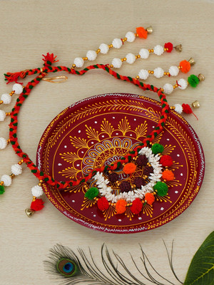 eCraftIndia Handcrafted Decorative Red Pooja Thali with Toran/Bandarwal Door Hanging Decorative Showpiece  -  2.5 cm(Metal, Red)
