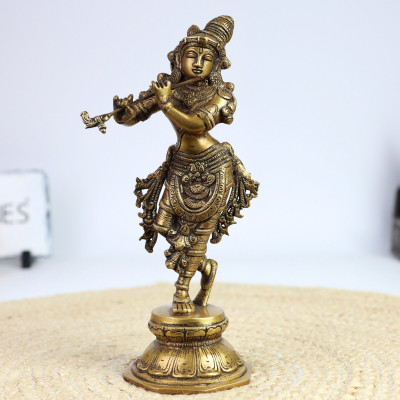 Bhunes Brass Krishna Idol – Divine Lord Krishna Murti For Home Temple, Puja & Spiritual Decorative Showpiece  -  25 cm(Brass, Gold)