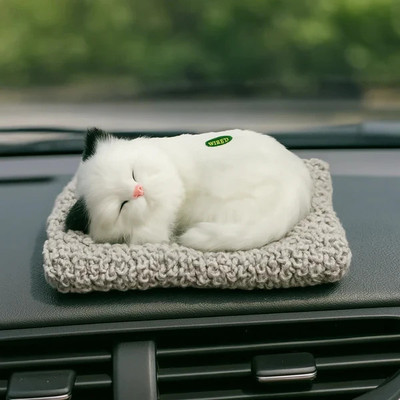 vegoncart Realistic Sleeping Dashboard Decoration Cat Toy with Meow Sound & Knitted Mat Decorative Showpiece  -  8.5 cm(Fabric, White)