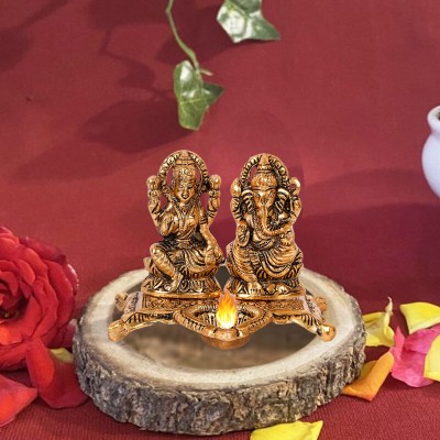Kitlyn Golden Goddess Laxmi With Lord Ganesha Idol and Decorative Diya Showpiece Decorative Showpiece  -  10 cm(Brass, Gold)