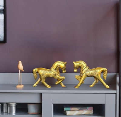 salvusappsolutions Vastu Metal Horse Set Showpiece for good luck (3inch_Gold_Pack of 2 Pcs) Decorative Showpiece  -  8 cm(Metal, Gold)